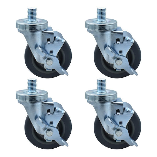 Bk Resources 4-inch Threaded Stem Casters, Gray Rubber Wheels, Top Lock Brake, 300lb Capacity, 4PK 4SBR-6ST-GR-PS4 - main
